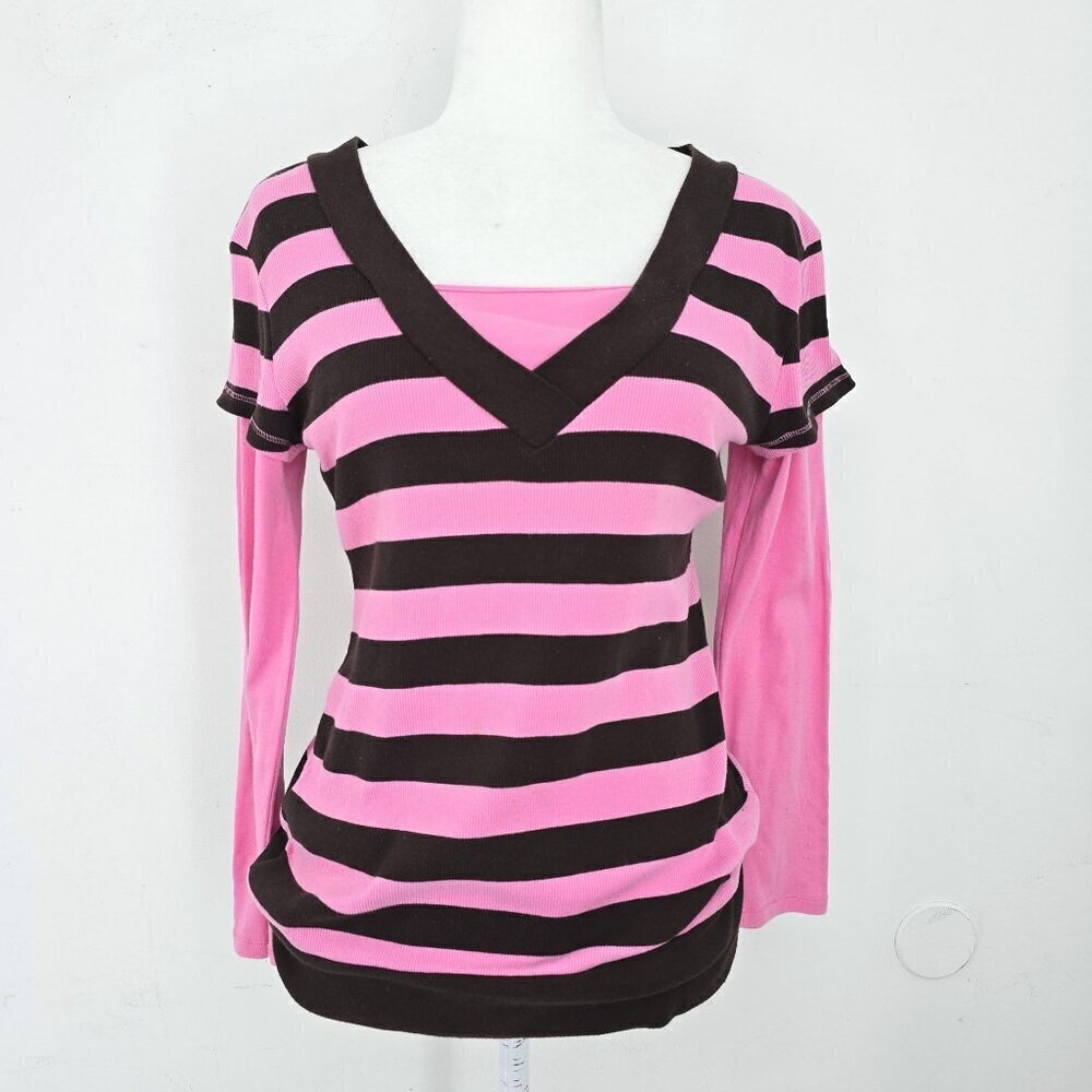 Vintage 90s Y2K Pink Brown VNeck Overlay Ribbed Long Sleeve Top KIds 14/16 Women